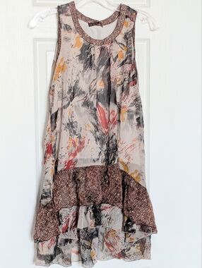 Women's (Medium) Sheer Lined Sleeveless Abstract Print High-Low Mini Dress
